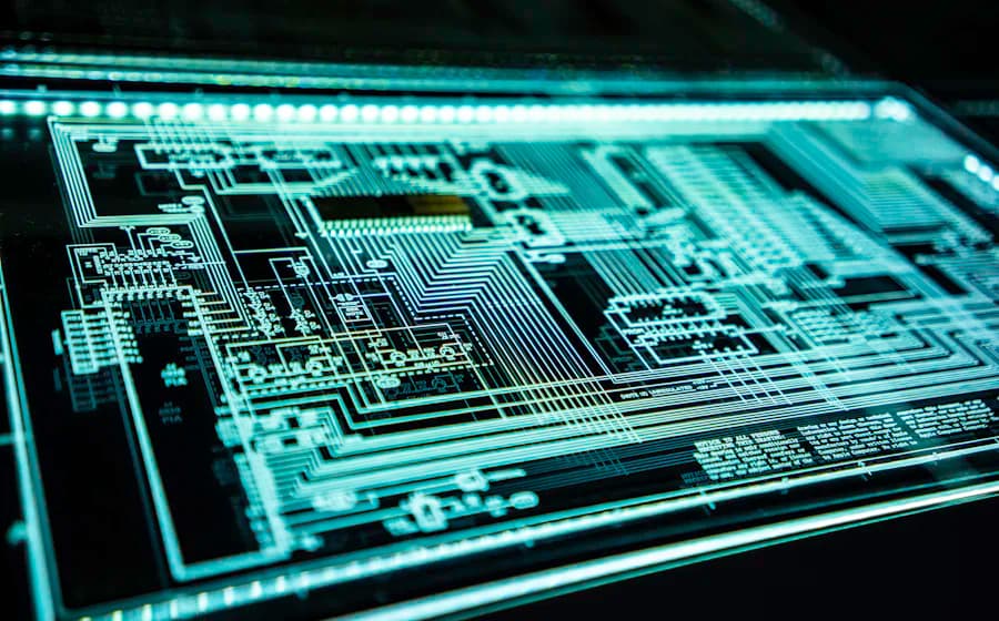 A close-up of an illuminated printed circuit board schematic on a dark surface